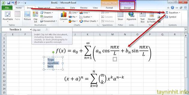 Cách chèn công thức toán học vào Excel 2010, 2013