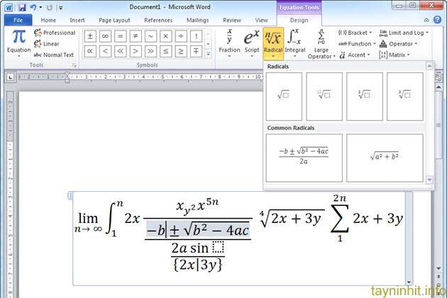 Cách gõ công thức toán học vào Word 2007